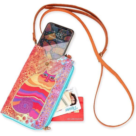 Women's Cotton Canvas Crossbody Phone Bag with Leather Strap Compact Durable - Picture 2 of 2